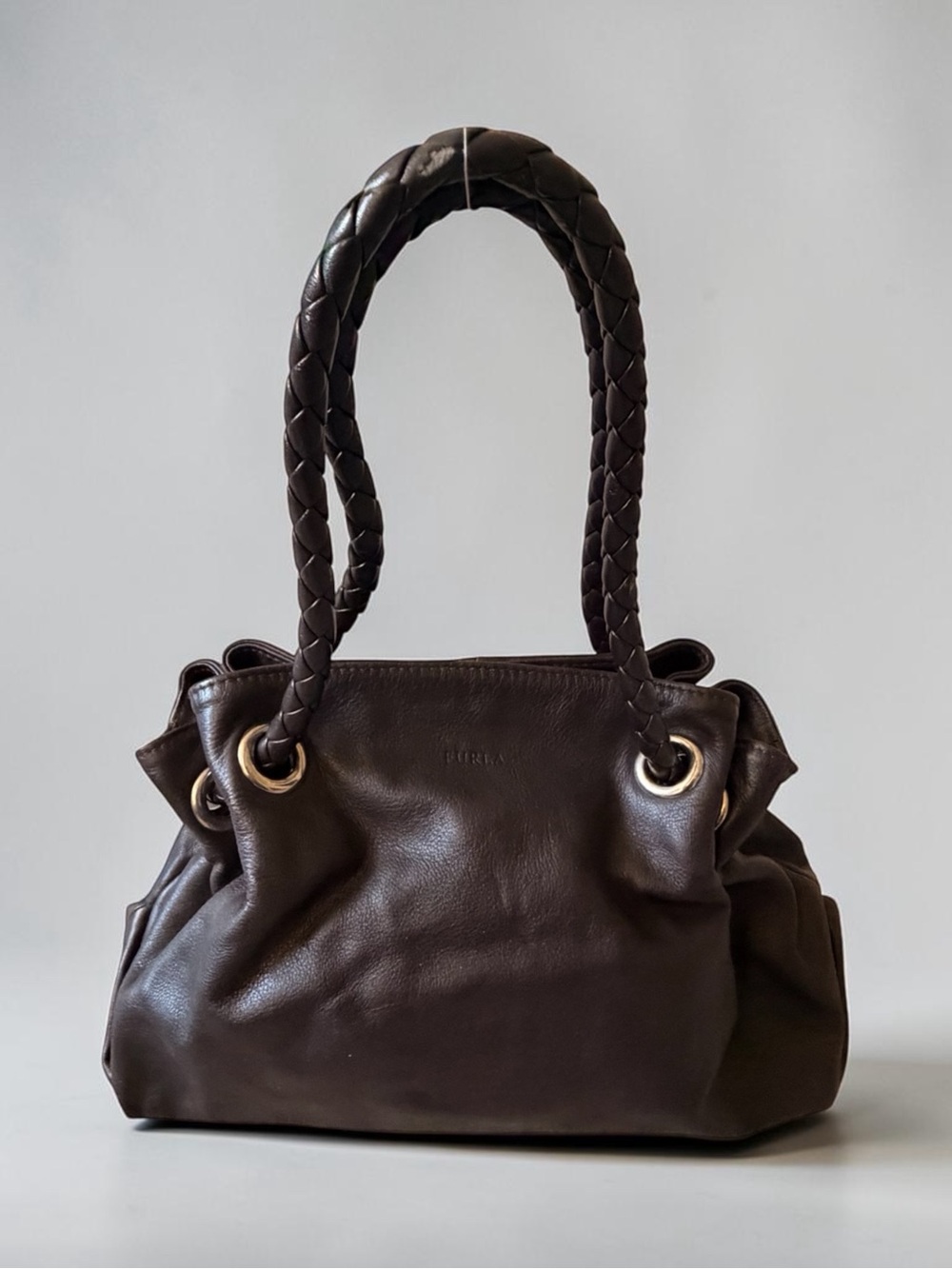 Furla Dark Brown Leather Shoulder Bag with Braided Handles